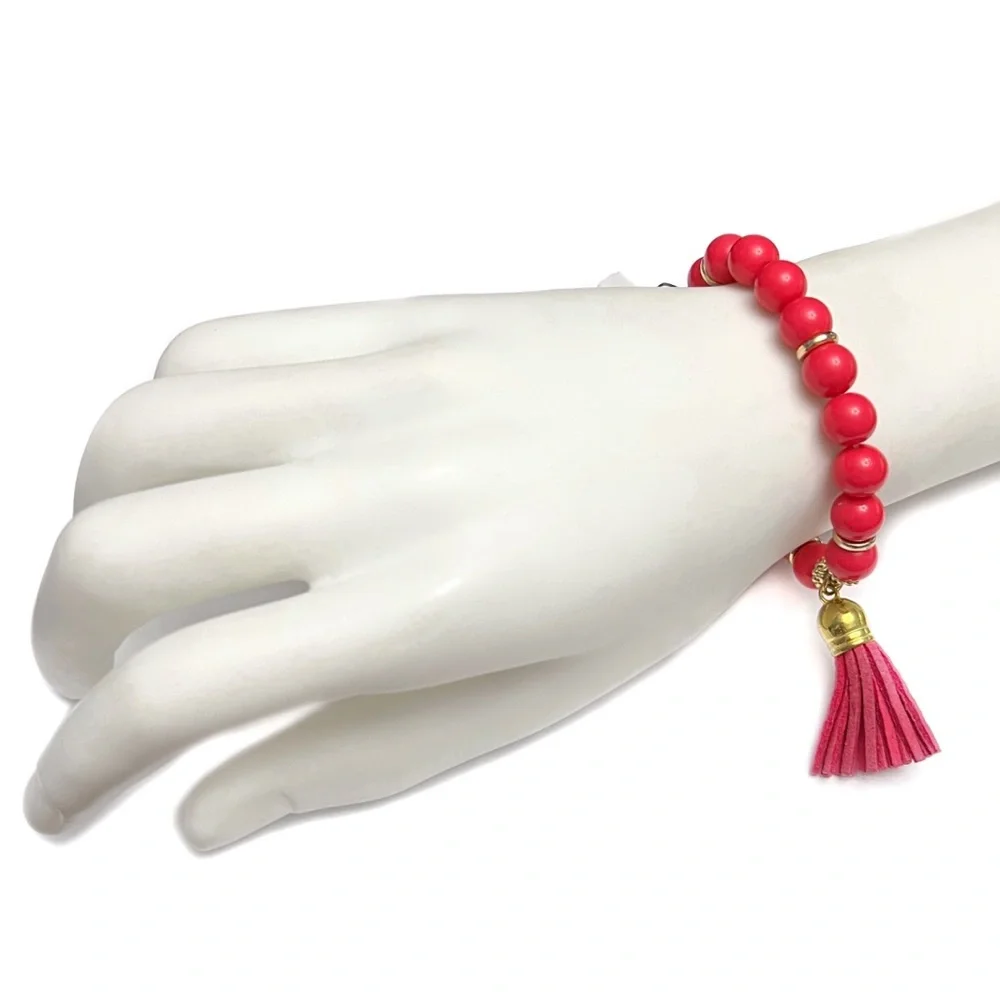 Gennaro Beaded Stretch Bracelet with Tassel Coral Red